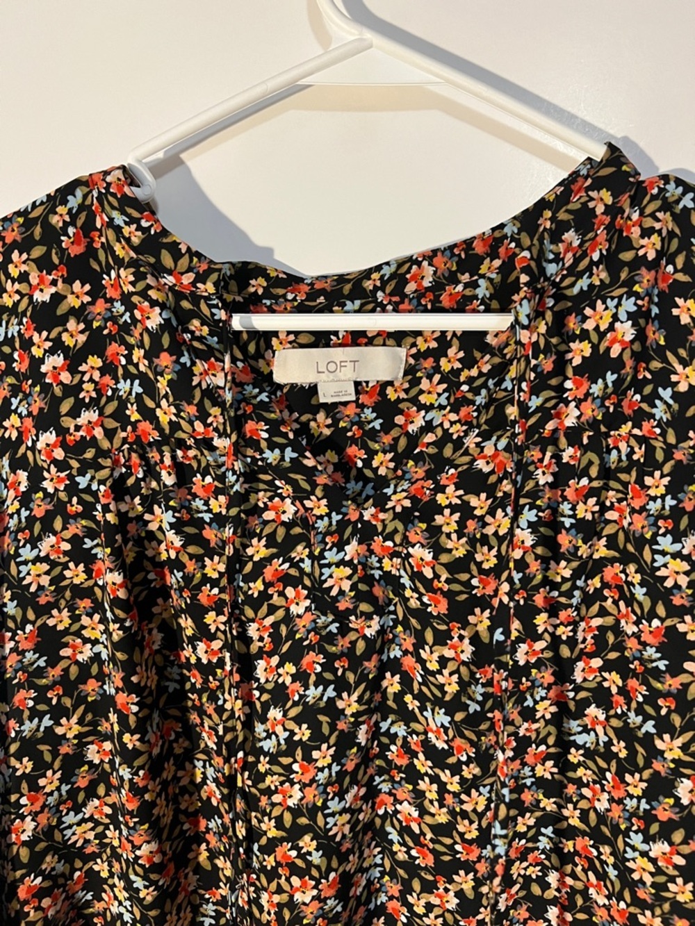 LOFT Black Floral Button-Front Long-Sleeve Blouse with Red, Blue & Cream Flowers - Picture 2 of 4